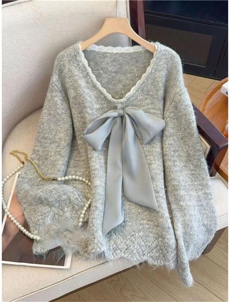 Women's Fall Large Size Purple Knitted Sweater Pullovers Fashion V-Neck Bow V-Neck Slimming Top