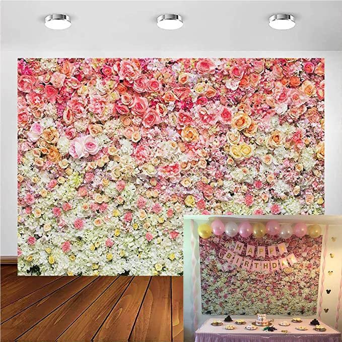 Avezano Blumenwand Vorhang 2,2x1,5 M – Pailletten & Blumen-Fotohintergrund Rosa/weiß – Für Hochzeit, Geburtstag