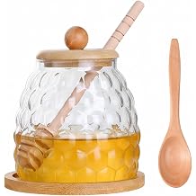 Glass Honey Pot with Spoon Lid Honey Stirrer and Tray 550 ml Transparent Honey Jar for Serving Honey and Syrup Drip-Free Beehive Honey Dispenser Honey Container for Home Kitchen