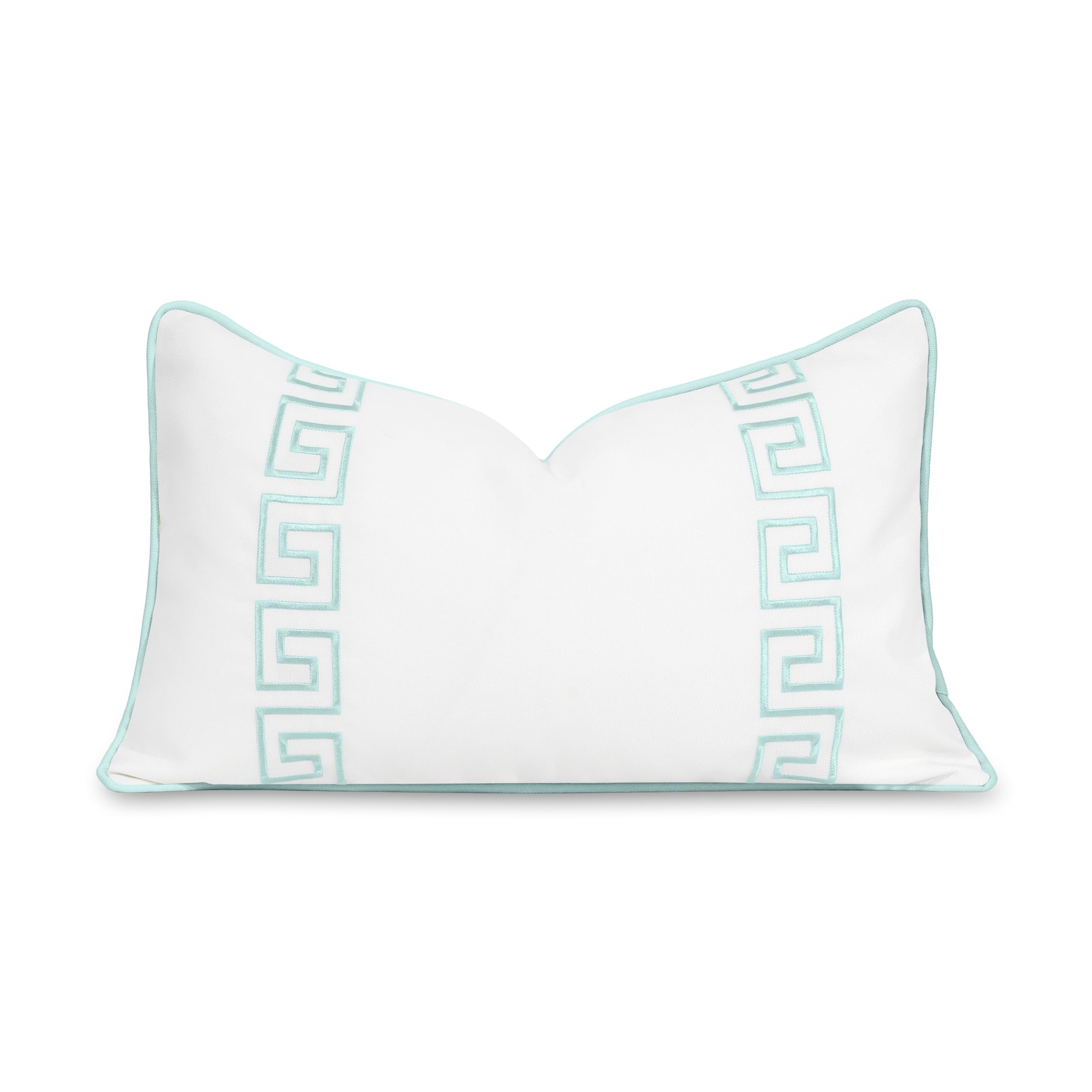 Hofdeco Premium Coastal Patio Indoor Outdoor Lumbar Pillow Cover Only, 12"x20" Water Repellent for Backyard, Couch, Aqua Embroidered Greek Key with