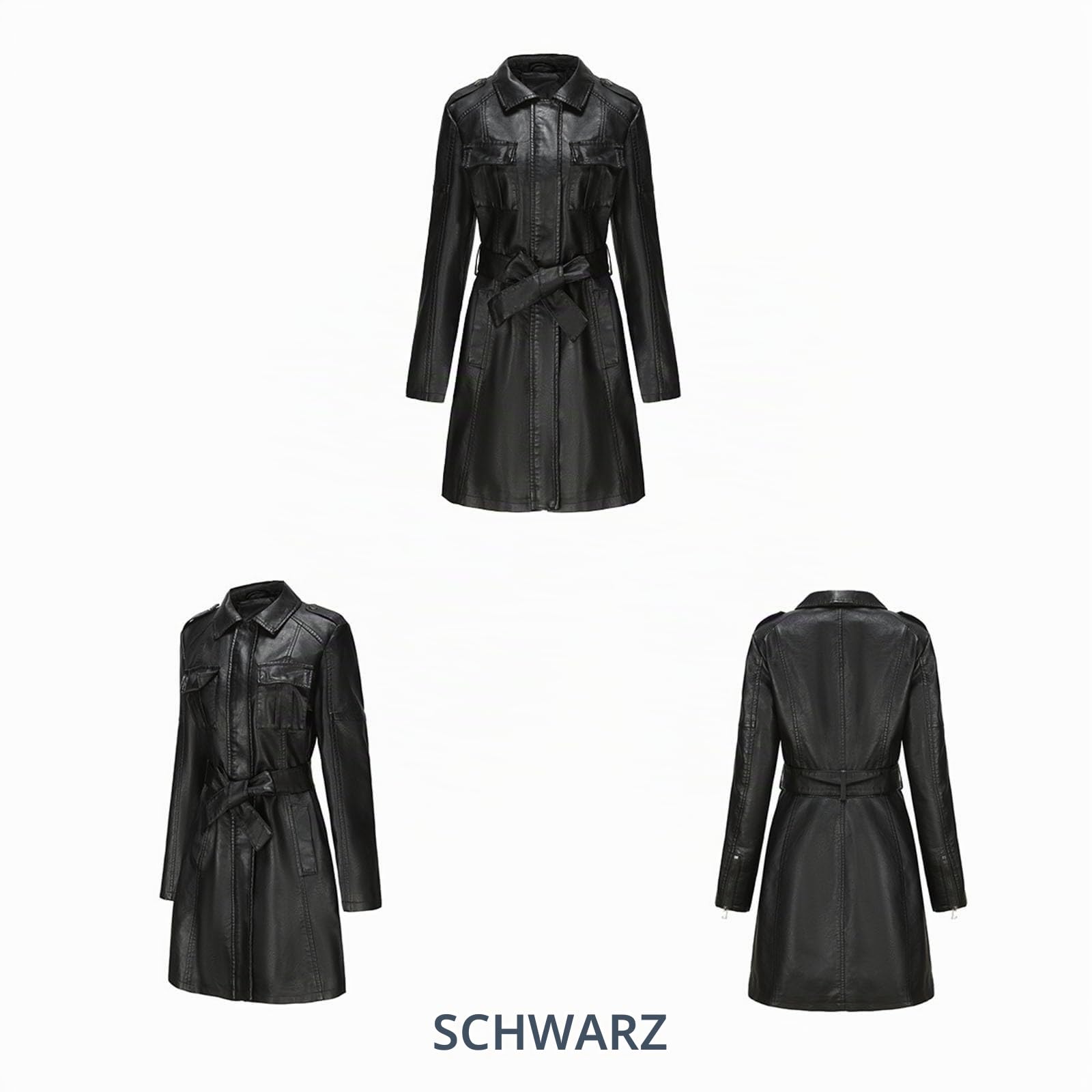 Lederjacke Damen Lang Elegant Trenchcoat Ledermantel Reverskragen Reißverschluss Einfarbige Kunstleder Übergangsjacke Langarm Pu Leder Jacke Windjacke Lederjacke Kunstlederjacke Mantel Windbreaker