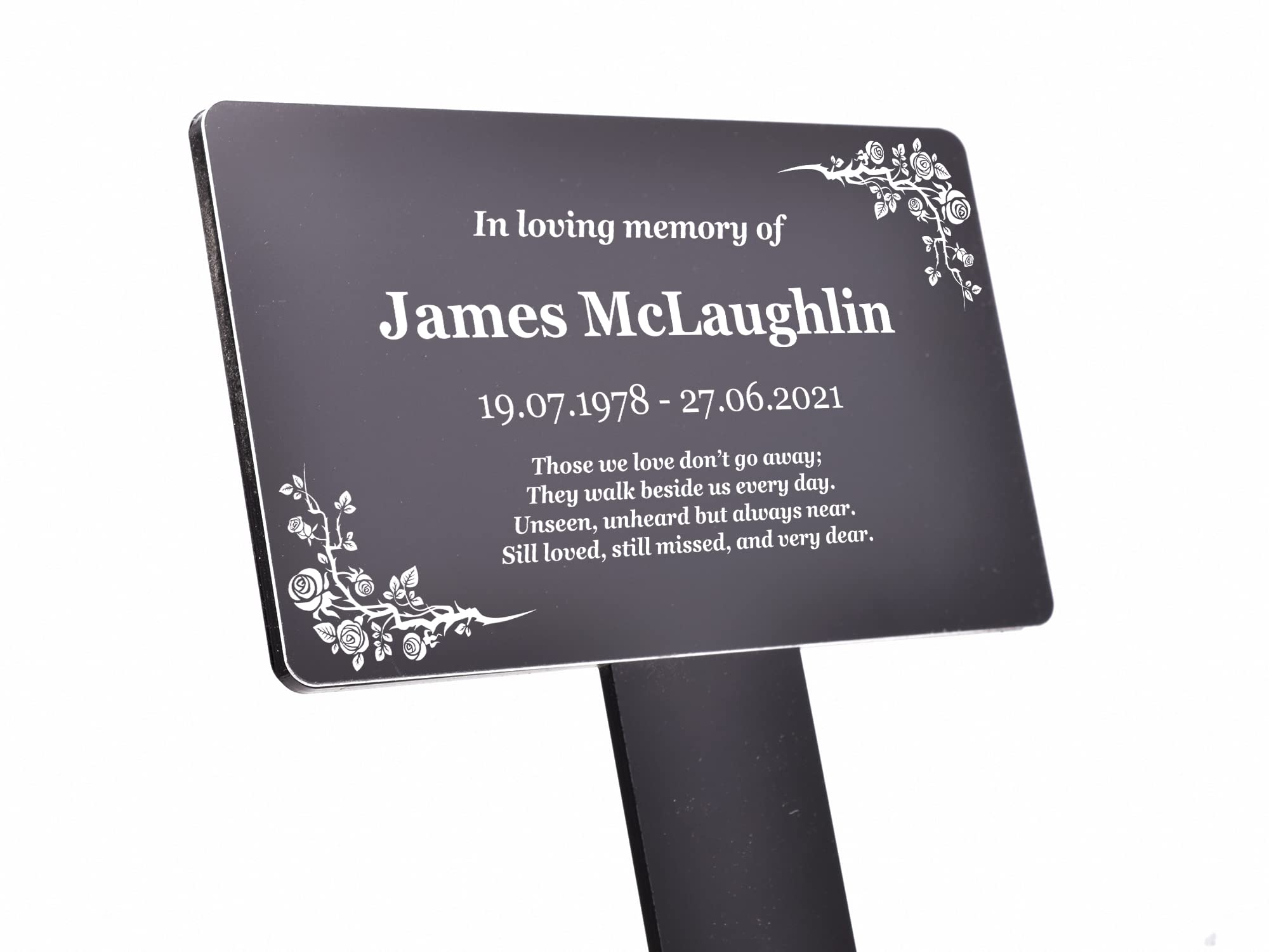 Personalised Bereavement Gifts. Memorial Plaque, Gardens Ground Stake Or Grave Ornaments - Acrylic, Waterproof and Hard Wearing. LARGE SIZE Black & White - various border designs
