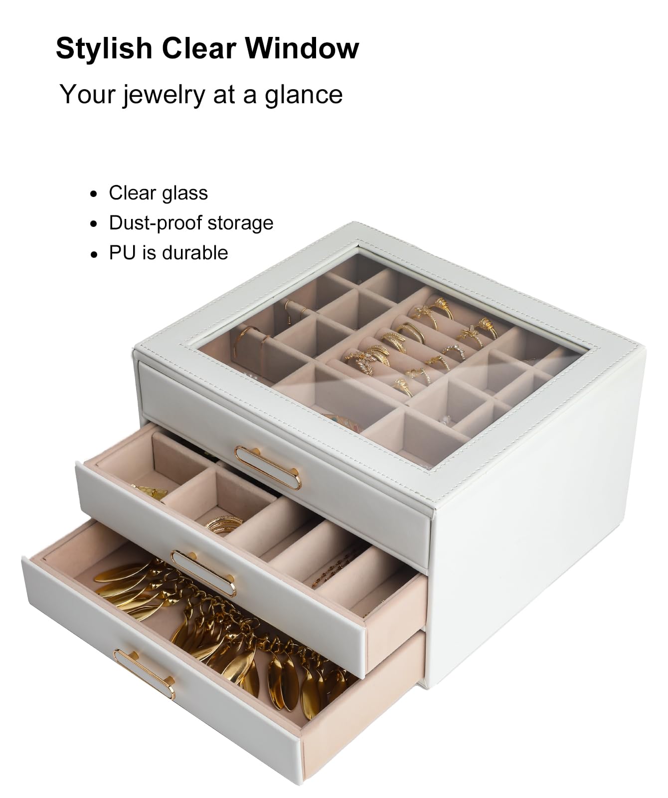 ASINGYER Joyero con tapas de cristal, organizador de joyas de 3 capas con 3 cajones para almacenamiento de collares, aretes y pulseras, cajas de joyería y organizadores para mujer (blanco)