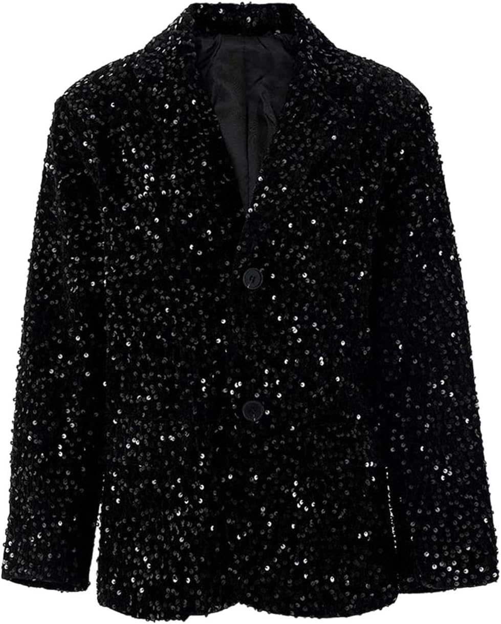 Women Sequin Blazer Lapel Long Sleeve Loose Casual Suit Jacket