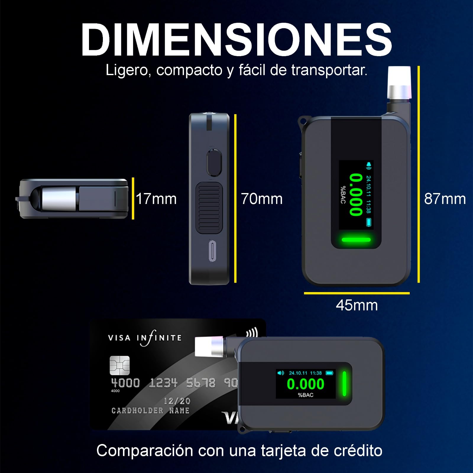 WENZA Alcoholimetro Homologado España con 16 Boquillas - Sensor Electroquímico de Alta Precisión con Pantalla LDC en Español- Etilometro Digital Recargable - Test alcoholemia Portátil