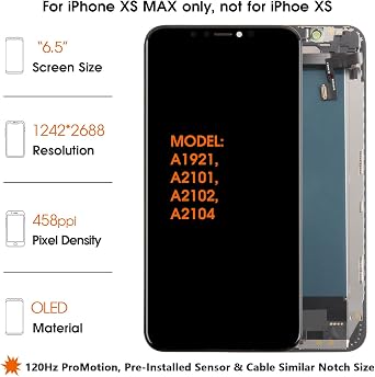 Soft OLED XS Max LCD Screen Replacement for iPhone Xs Max 6.5 inch [Soft OLED,NOT LCD] LCD Display Touch Digitizer Screen Assembly A2215 A2160 A2217 with Repair Tools