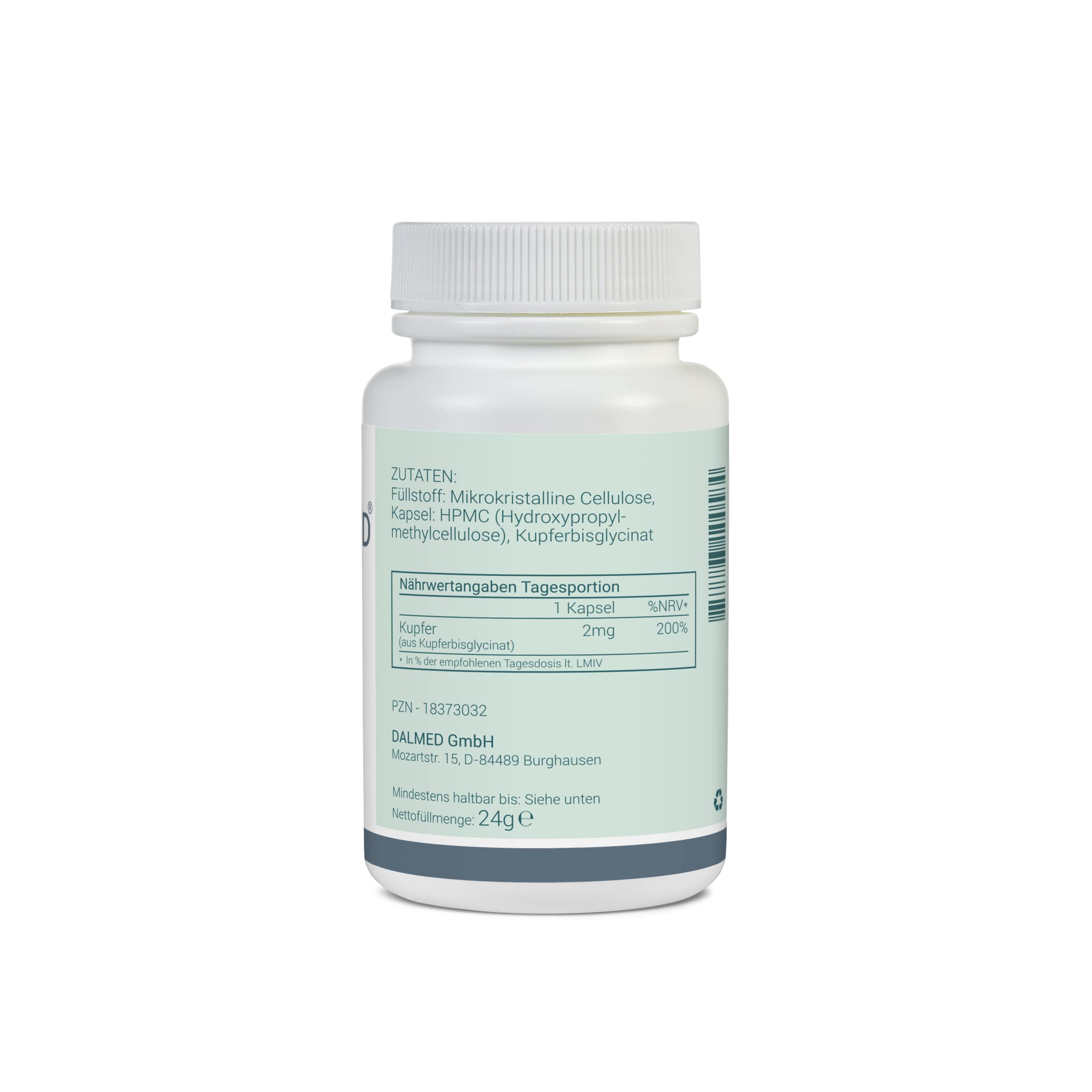 Kupferbisglycinat - 120 Kapseln (1 Kaps. enthält 2mg Kupfer aus Kupferbisglycinat) - Premium Qualität - ohne Zusätze - reine und hochwertige Substanzen