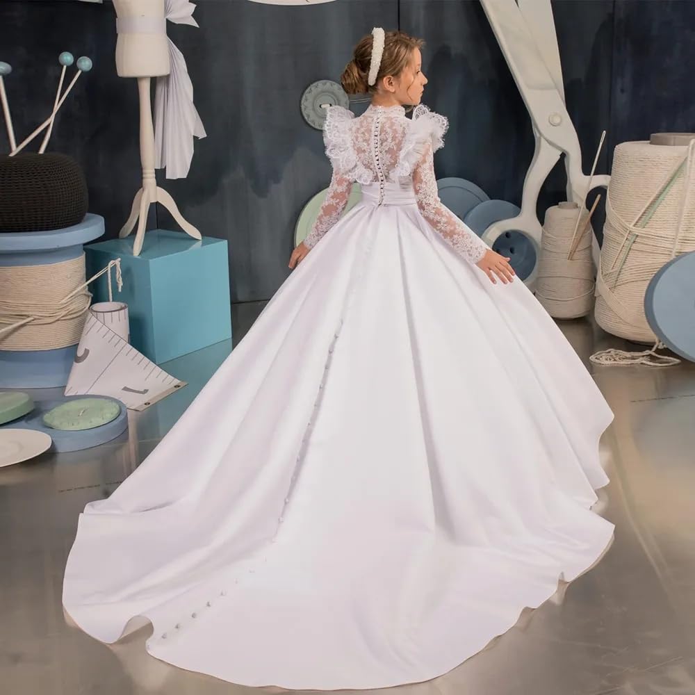 Abito da Prima Comunione in Pizzo Bianco per Ragazze Maniche Lunghe Raso Fiore Ragazze Vestito Princip