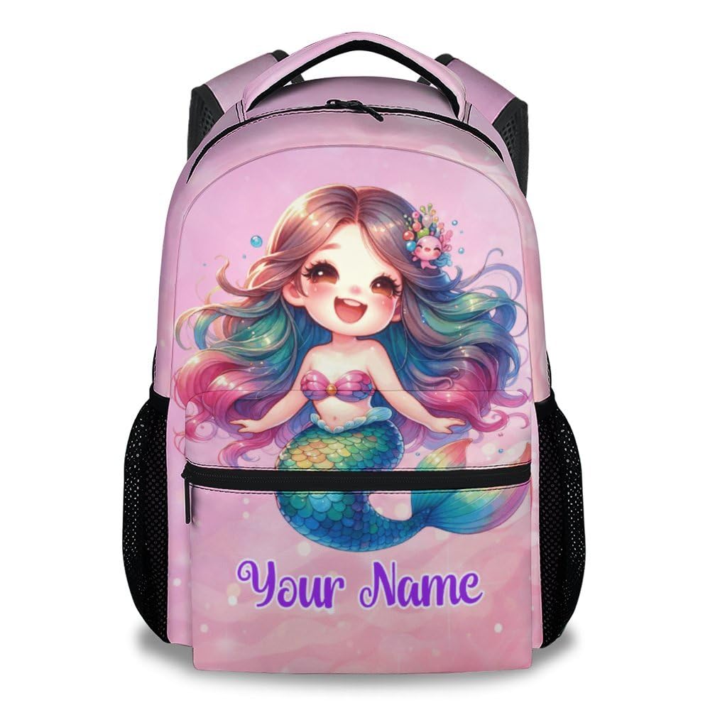 UNIKITTY Personalized Girls Backpack for School, Mermaid Backpack for Elementary Preschool, Cute Kid Backpacks Features Adjustable Shoulder Straps, 17