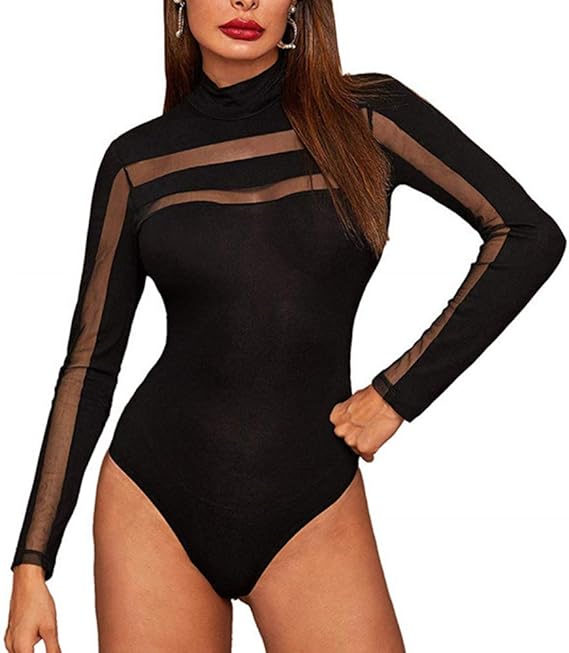 XIXIMAON Women Long Sleeve Bodysuit Bodysuit Tops Transparent