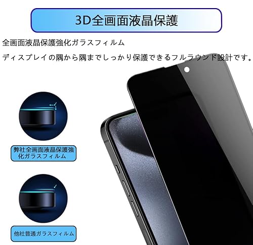 【覗き見防止】iPhone15 用 ガラスフィルム のぞき見防止 アイフォン15 用 フィルム プライバシー保護 iPhone15 用 液晶保護フィルム 覗き見 あいふおん 1 用 強化ガラス 横見防止 横から見えない 15 画面シール【貼り付け簡単/気泡ゼロ/割れない/2枚セット】