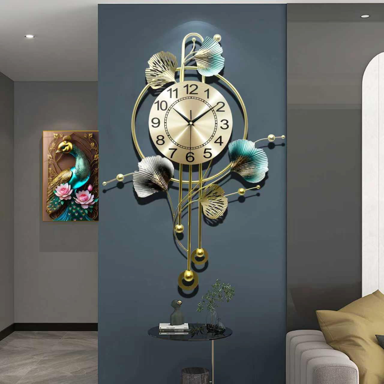 Large Decorative Wall Clock – Modern Silent Non-Ticking Wall Clocks – Metal Iron Ginkgo Leaf Design Fancy Style Wall Quartz Clock for Living Room Bedroom Hotel Porch (Green, 70x52CM)