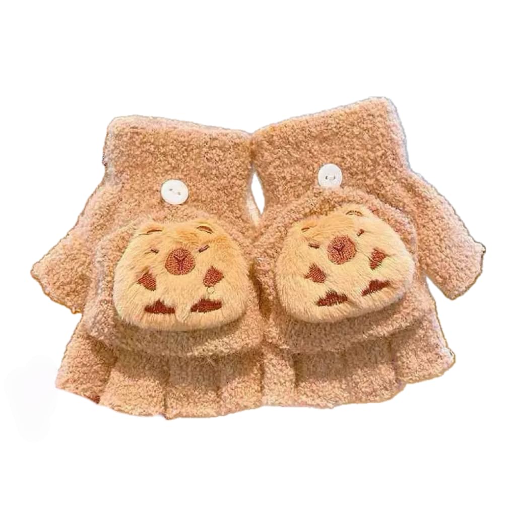 X Trade Boys Capybara Fingerless Flap Cover Gloves Dinosaur Rabbit Winter Knit Warm Mittens Soft Lined Fleece Thermal Outdoor Half Finger Gloves With Cover Convertible Flip Top For Kids Girls (Capybara)