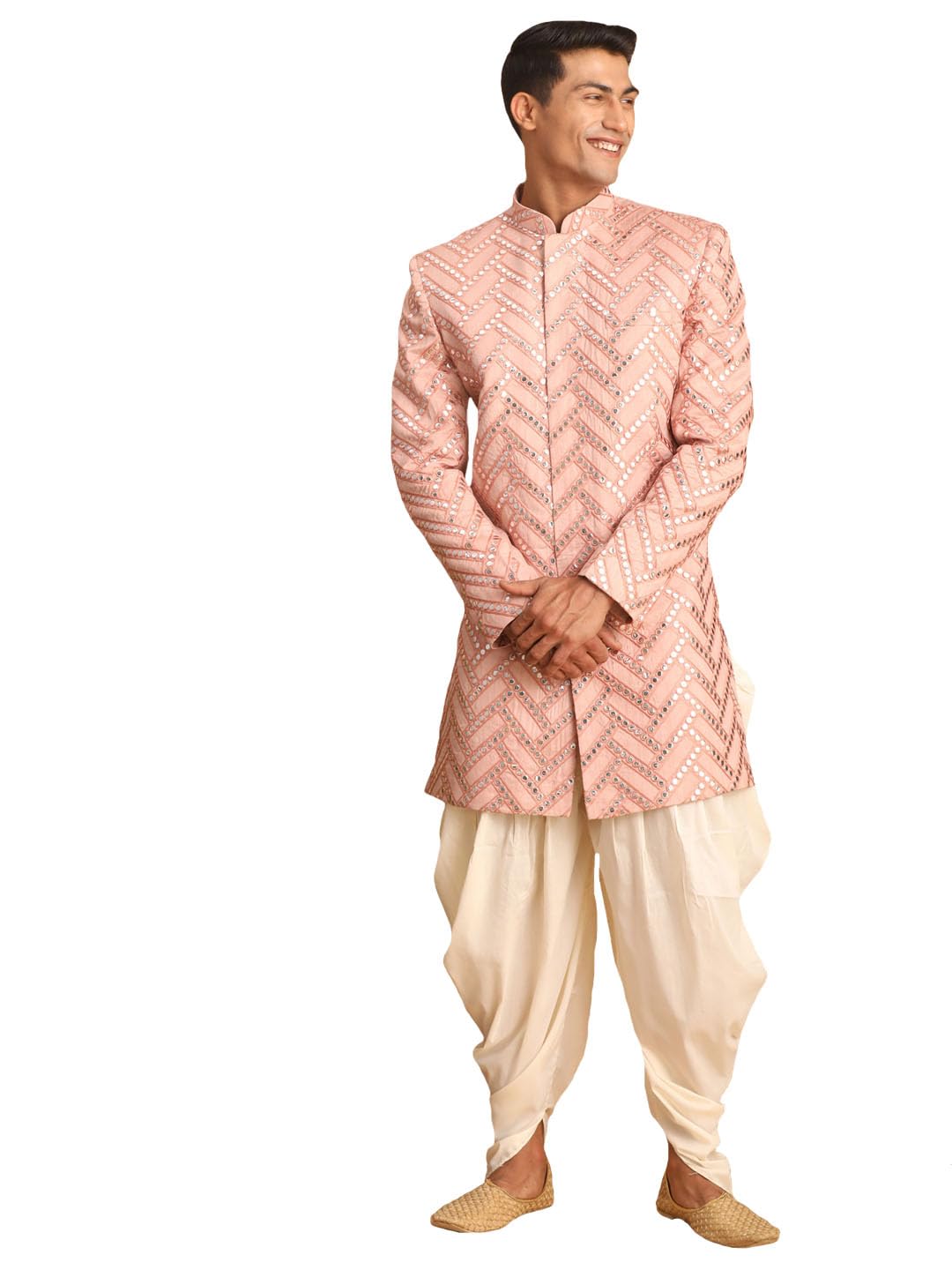 Men's Cream Silk Blend Sherwani Only Top | Trend setting Men's Indowestern Style Mirror Work Sherwani made of imported fancy fabric with invisible button placket.-image-26