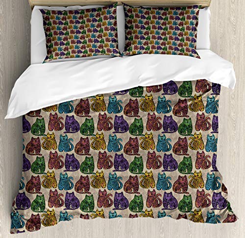 Ambesonne Tattoo Duvet Cover Set, Colorful Vintage Cat Animal with
