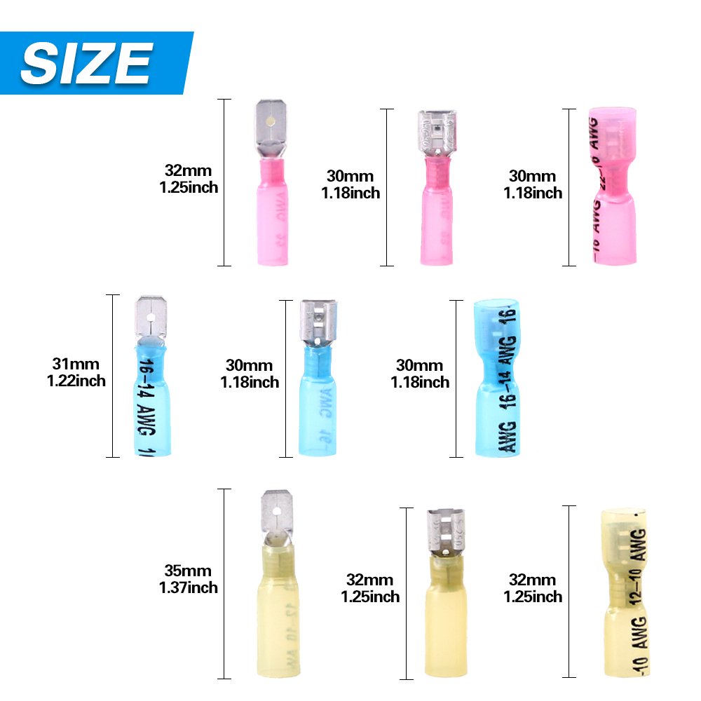 Glarks 200pcs 22-16/16-14/12-10 Gauge Nylon Heat Shrink Waterproof Fully/Semi Female/Male Electrical Insulated Spade Quick Splice Crimp Terminals Connectors Mix Assortment Kit - Image 2