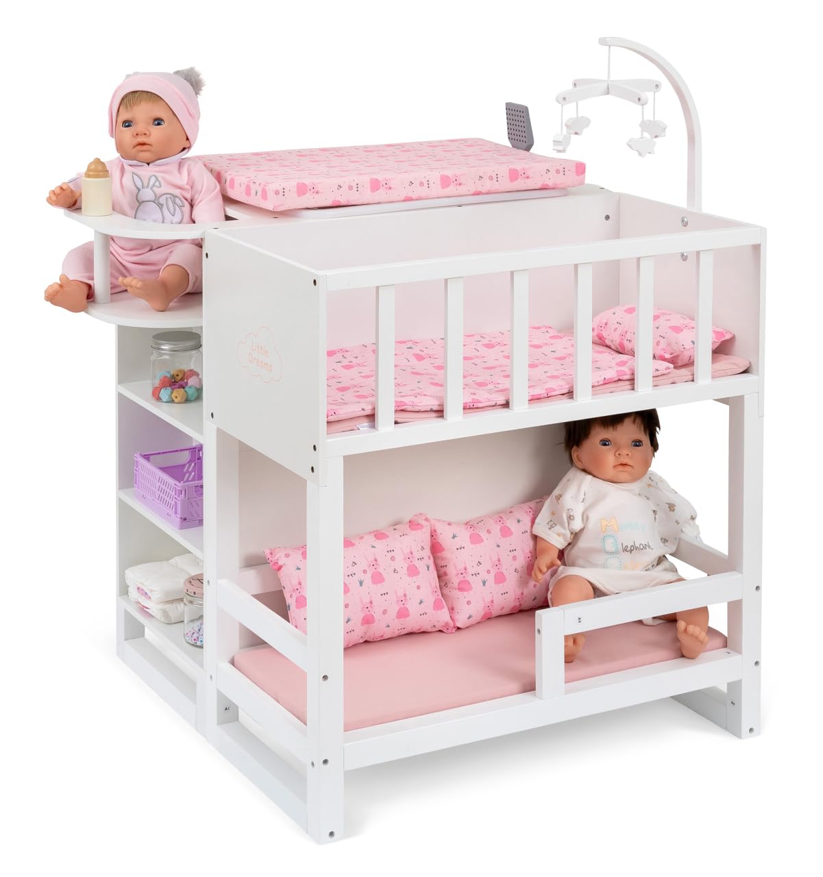 ELLA & PIET® Großes Puppenpflegecenter Nursery 6in1 aus Holz (Weiß-Rosa) Puppenbett Puppenschrank, Badewanne, Hochstuhl