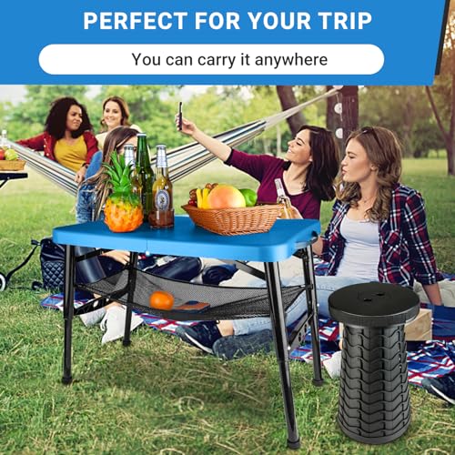 Image of Portable Folding Table and Stool Set, Lightweight Foldable Table & Collapsible Stool for Camping Picnic Beach Fishing, Sturdy Small Outdoor Table with Mesh Layer Storage- Blue