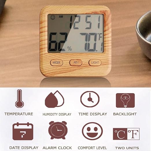 Higrómetro digital termómetro interior con reloj de madera miniatura 2