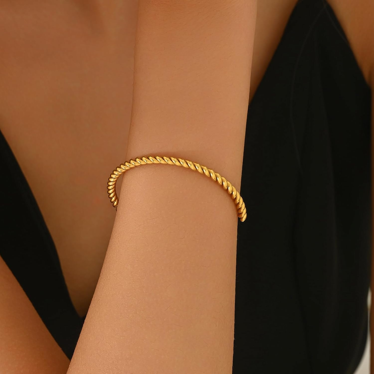 Gold Bracelets for Women Dainty 18K Gold Plated Twisted Chunky Cuff Bracelets Adjustable Stainless Steel Bangle Lightweight Jewelry Gifts - Image 3