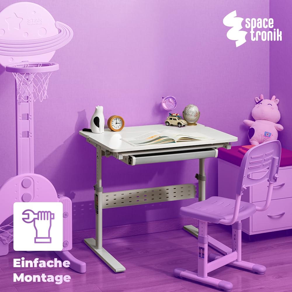 Spacetronik Kinderschreibtisch Höhenverstellbar 100x60 cm, Schreibtisch Kinder mit Neigbarer Tischplatte, Kinder Schreibtisch mit Schublade & Haken für Rucksack, Holzplatte