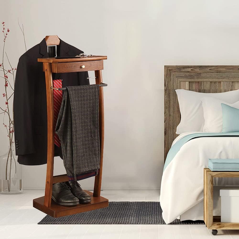 Wood Suit Valet Stand Clothes Rack with Shelves and Drawers Floor Standing Clothes Valet Curved Wide Shoulder Hanger with Trouser Bar Jacket Hanger Tray Organize