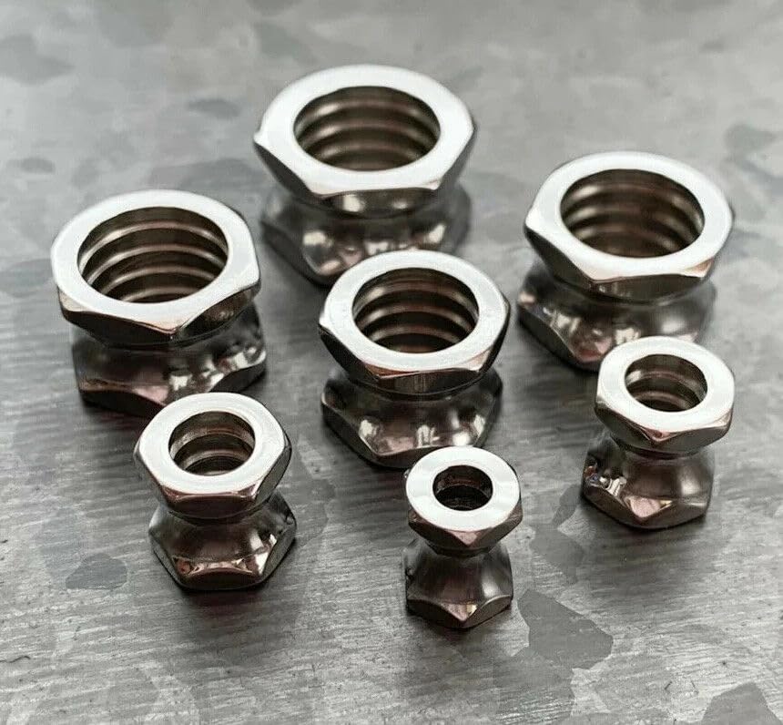 PAIR of Steel Hexagon Screw Bolt Tunnels Double Flare Plugs Earlets Gauges2