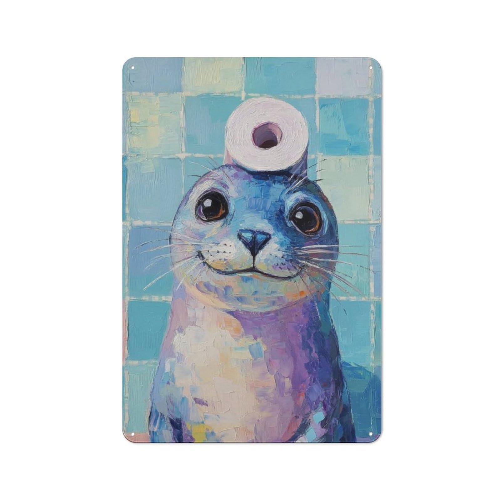 Junmoney Seal With Toilet Paper Hat Rustic Tin Sign 30X20cm Featuring For Living Room Wall, For Metal Sign Collectors, For Garage And Workshop Walls