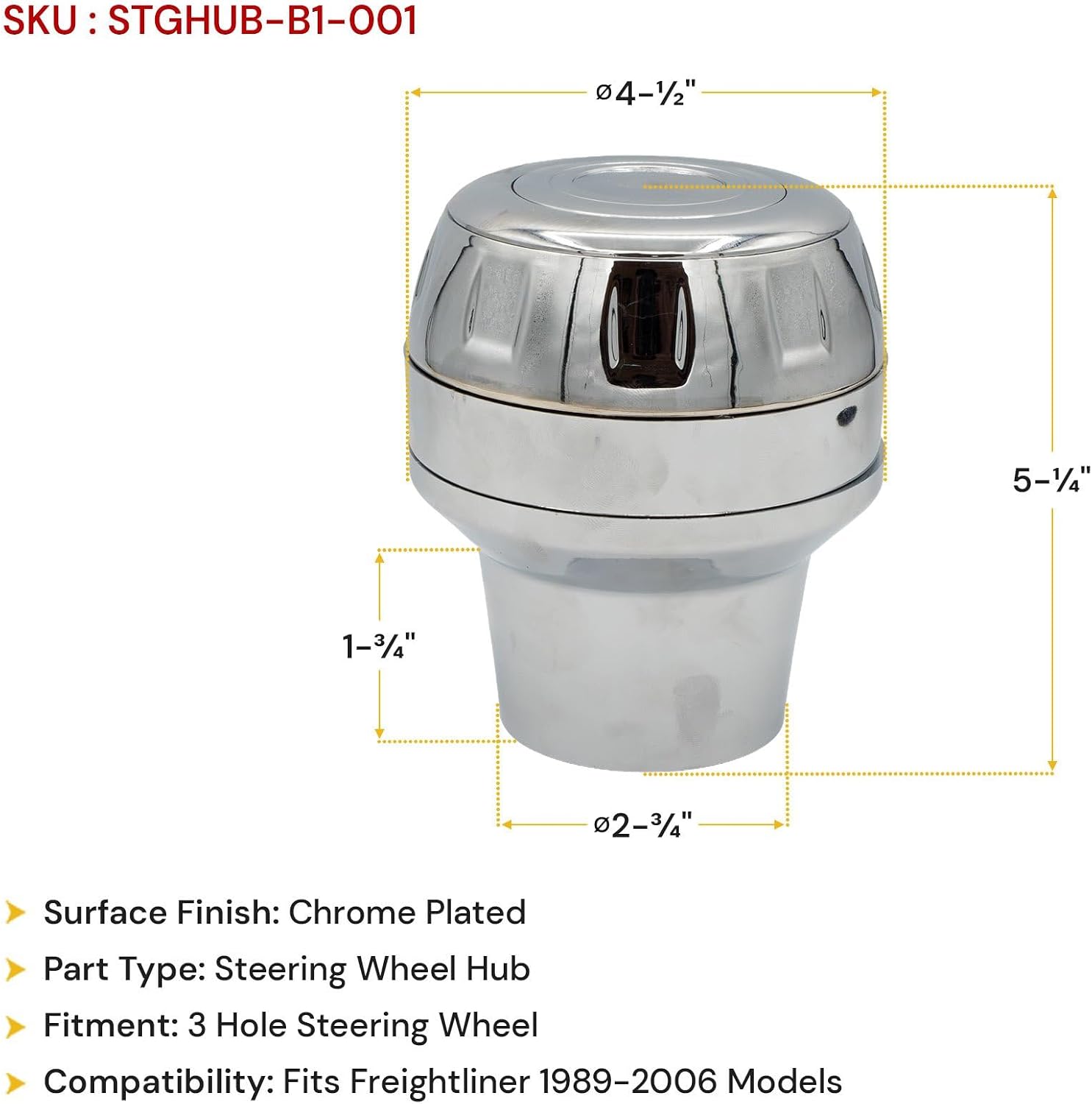 Mytee Products Steering Wheel Adapter Hub with Screw Set – Fits 3-Hole Steering Wheel for Freightliner Trucks (1989–2006) – Zinc Chrome-Plated, Silver Finish