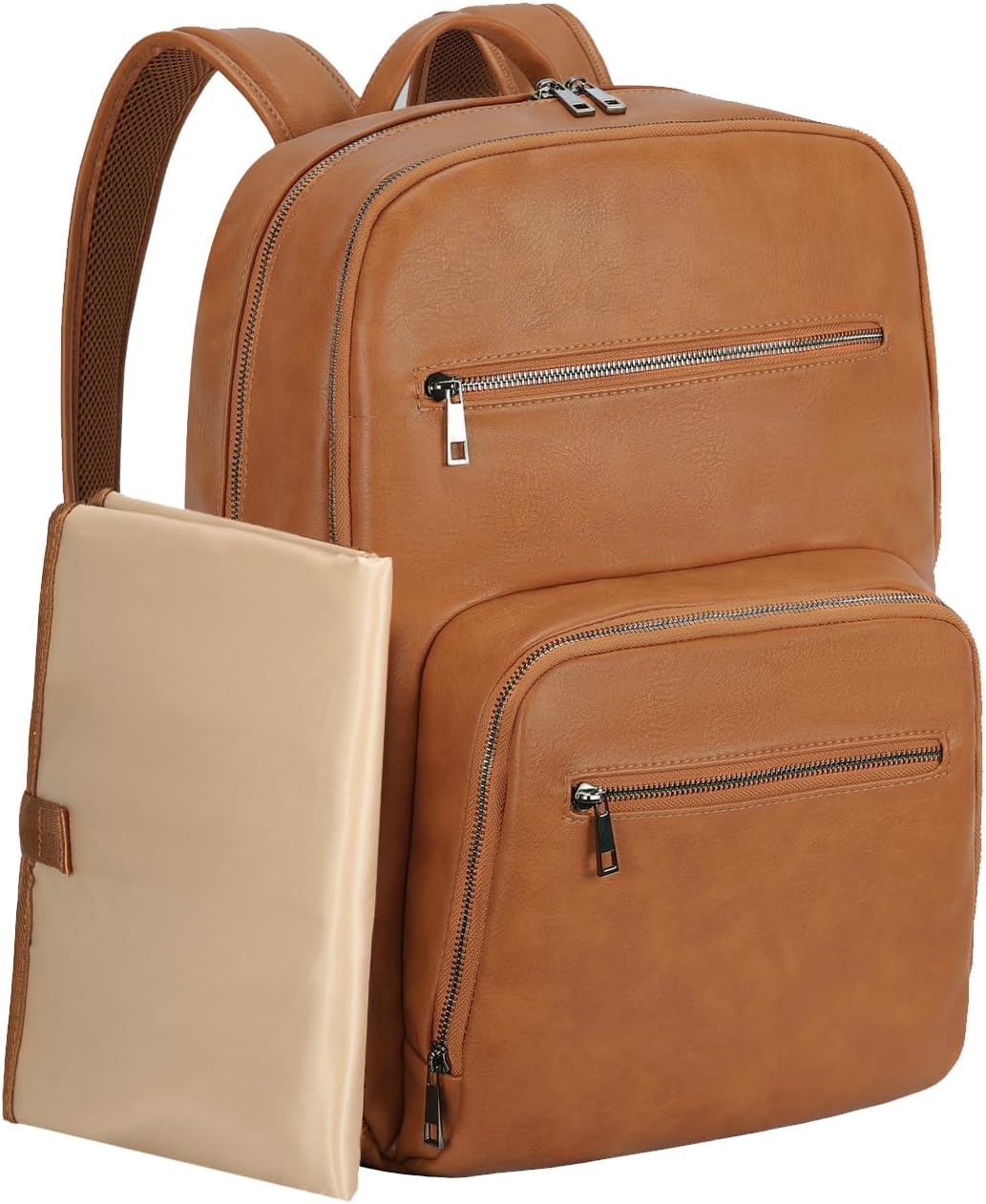 VASCHY Diaper Bag Backpack for Mum Dad, Unisex Large Waterproof Vegan Leather Baby Bag with Changing Pad,Insulated Pockets,Padded Laptop Sleeve for Travel,Brown