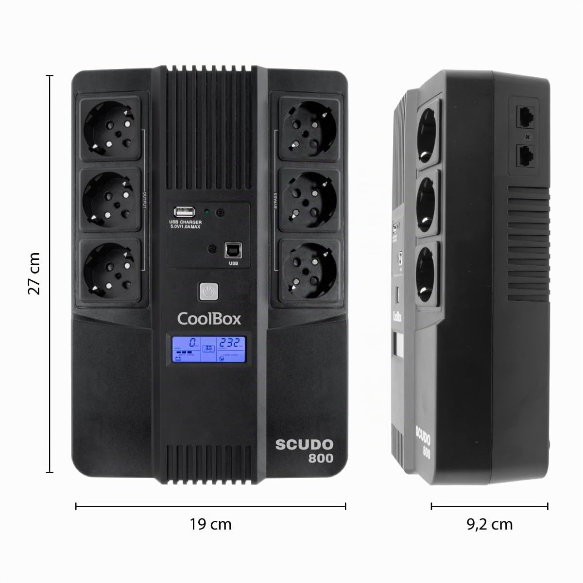CoolBox SCUDO3 UPS 800VA Système d'alimentation sans Coupure 800A/480W avec écran LCD, 8 Minutes d'autonomie, 6 Prises Schuko, 1 Port USB, 2 Ports RJ-45 (entrée et Sortie), Logiciel de contrôle