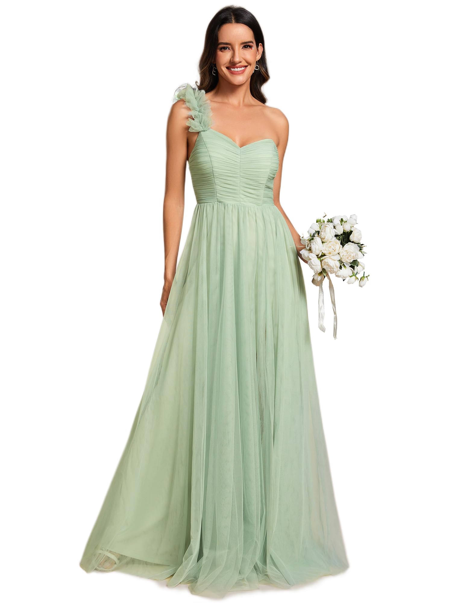 Ever-Pretty Abendkleid Lang Elegant für Hochzeit Eine Schulter A-Linie Ballkleider Damen Brautjungferkleider Chiffon Geschlitztes Kleid Minzgrün 36