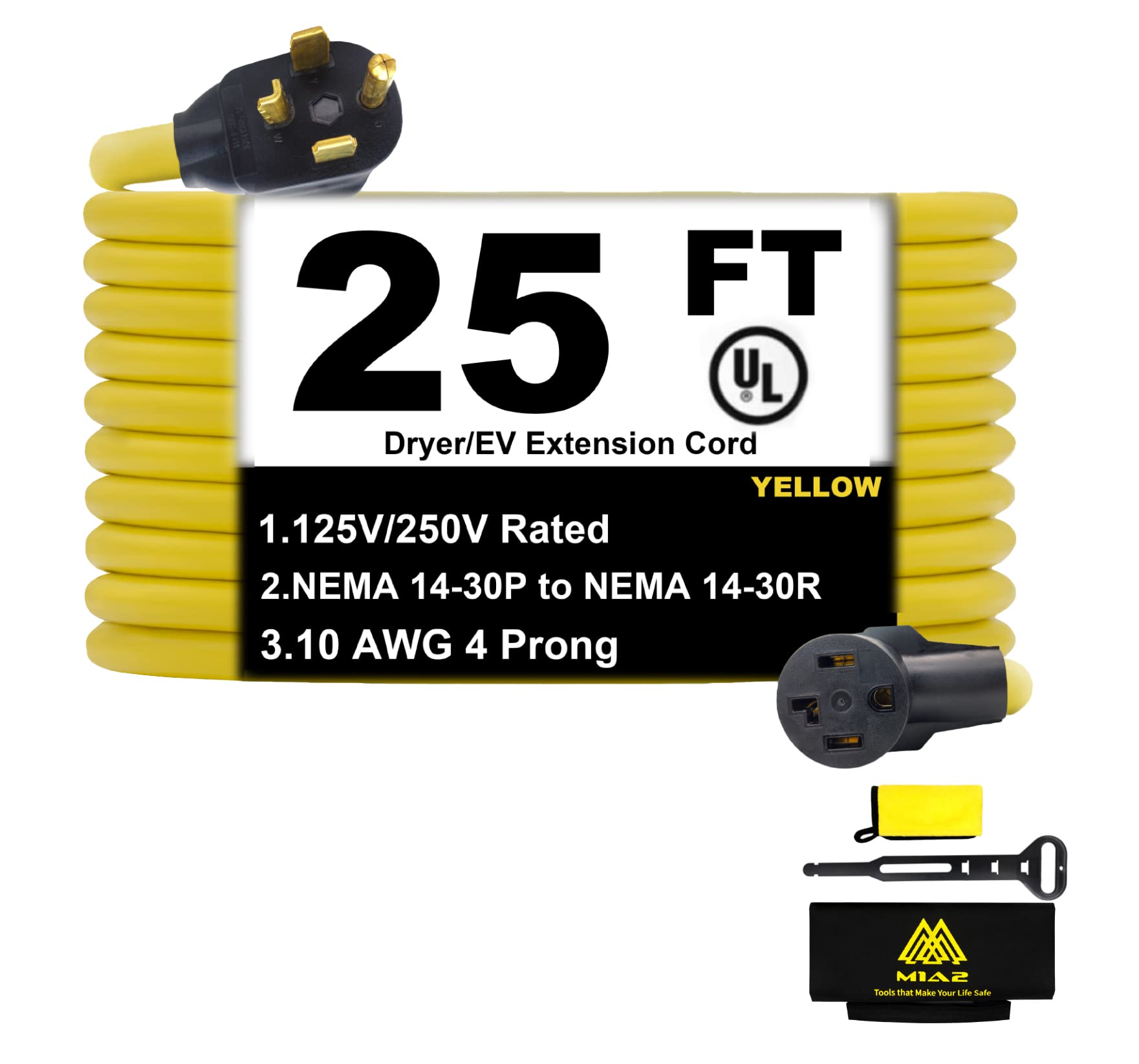M1A2 Dryer Extension Cord 4 Prong 30 Amp NEMA 14-30P to 14-30R,25 FT Level 2 EV Charging 125V/250V Plug STW 10 Gauge UL Listed