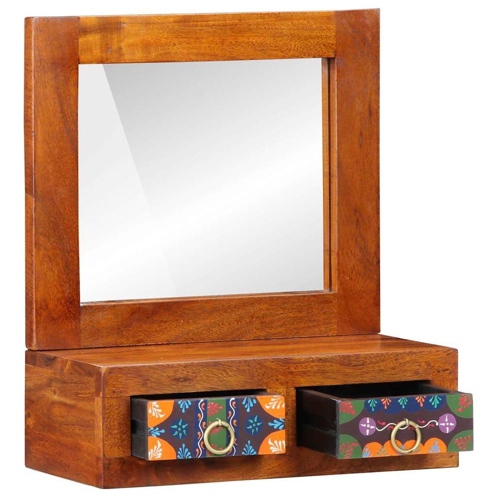 Armoire murale avec miroir marron en bois d'acacia massif 40 x 20 x 50 cm, peu encombrant, avec 2 tiroirs, espace de rangement pour salon, couloir, chambre à coucher, rangement fonctionnel et