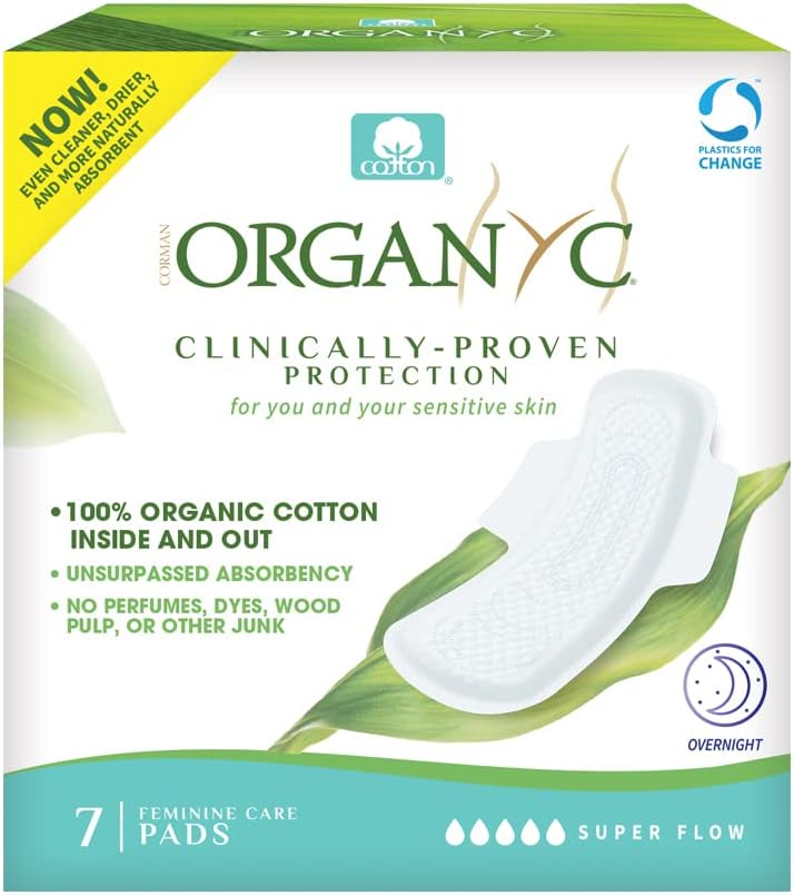 Organyc Organic Cotton Overnight Pads for Women – Heavy Flow Sanitary Pads with 100% Certified Cotton Pad and Super Absorbent Menstrual Pads for Night Protection, 7 Count