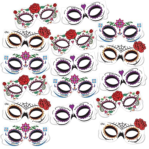 Beistle 16 Piece Sugar Skull Day Of The Dead Half Masks With Elastics, Festive and Colorful Masquerade Accessories for Dia De Los Muertos Party Decorations, Made In USA Since 1900