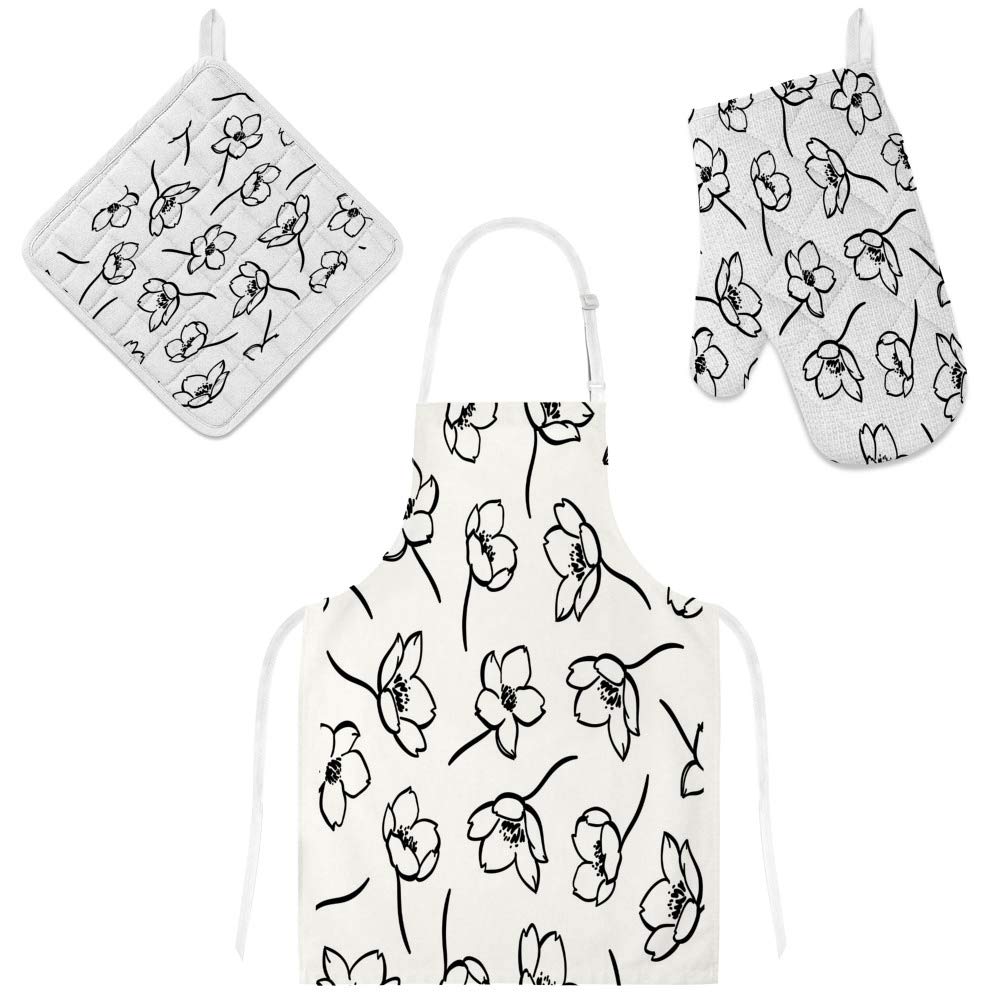 Tablier de cuisine avec poches ensemble 3 pièces botanique et maniques