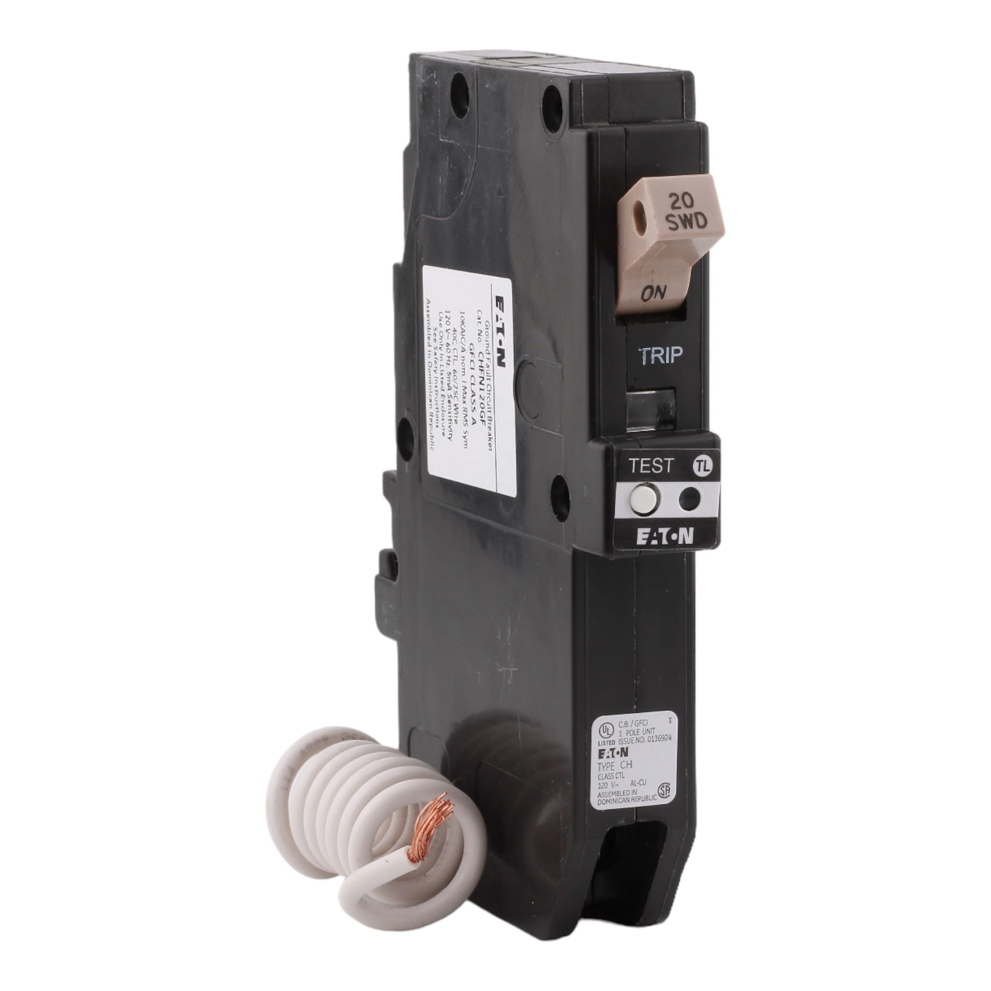 Cutler-HammerCHFN120GF 20 Amp Single Pole Ground Fault Circuit Breaker (GFCI), Pigtail Neutral, 120/240V, 10kAIC, UL Listed (1)