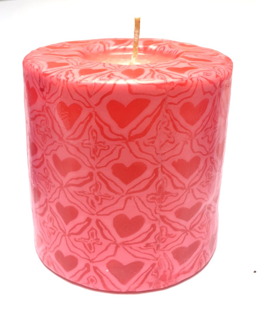 Pink Hearts Pillar Candle - Fair Trade, Handmade, Reusable.