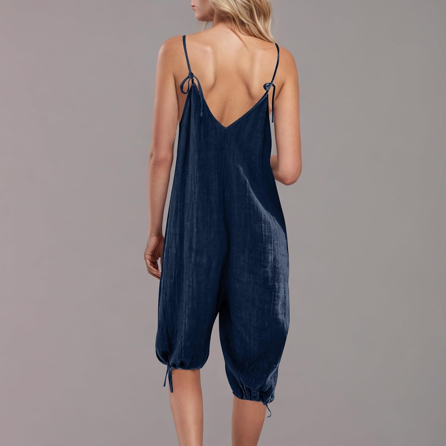 Womens Linen Capri Overalls Spaghetti Straps V Neck Cinch Bottom Rompers Casual Loose Fit Pant Jumpsuits with Pocket
