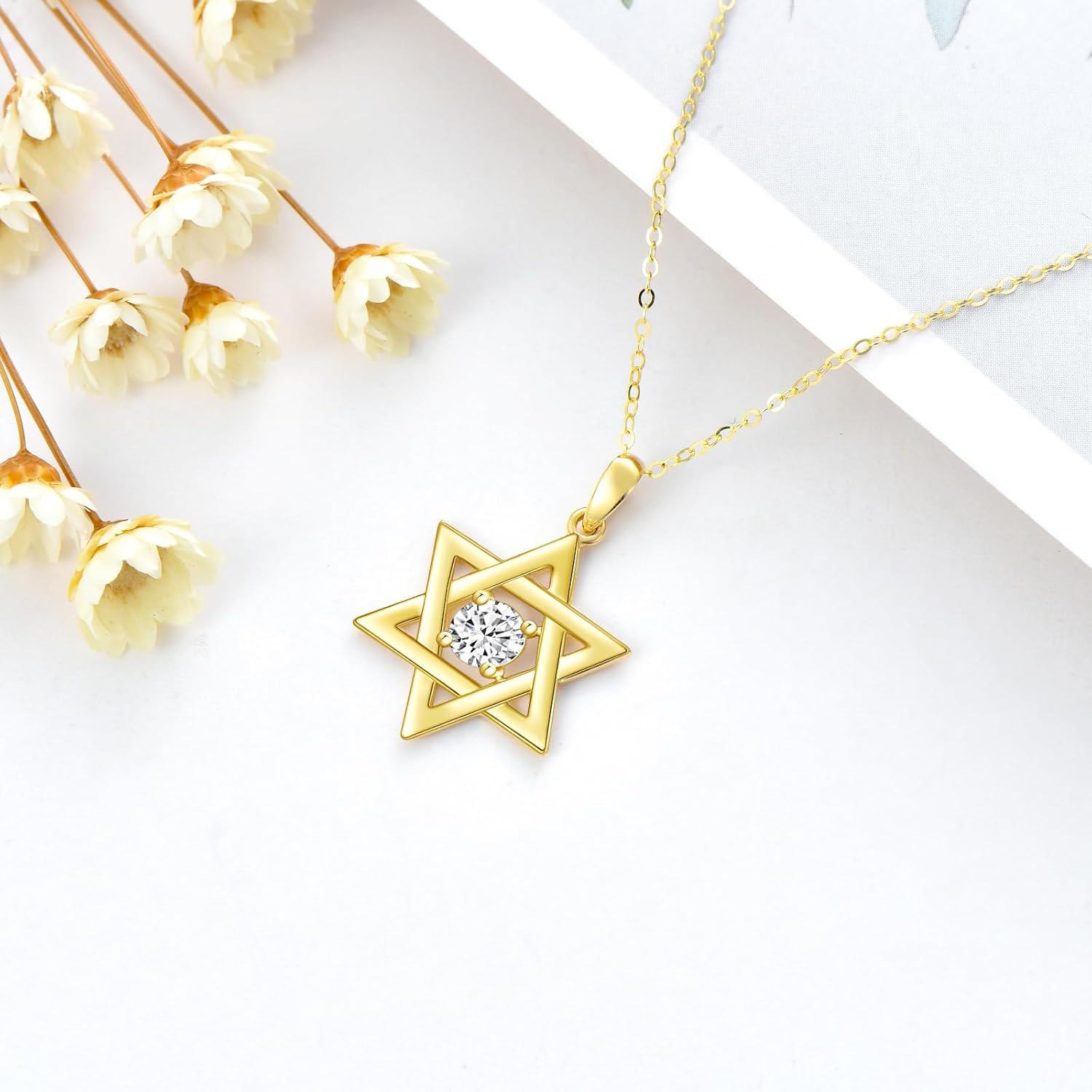 14K Gold Star of David Necklace for Women Solid Yellow Gold Jewish Pendant Necklace with Moissanite Jewelry Gift for Her, 16+1+1 Inch