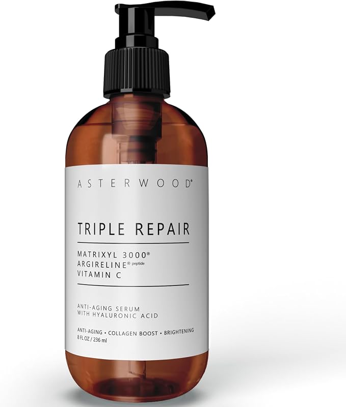 Triple Repair Peptide Serum, Matrixyl 3000, Argireline & Vit. C | Minimizes Fine Lines & Stimulates Collagen, Formulated with Hyaluronic Acid, Cruelty-Free, 8 Fl Oz