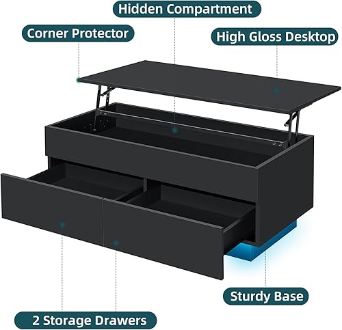 Miniatura 9 de HOMMPA Mesa de centro elevable, mesas de centro negras para sala de estar con almacenamiento oculto y 2 cajones, mesa de café LED de alto brillo,