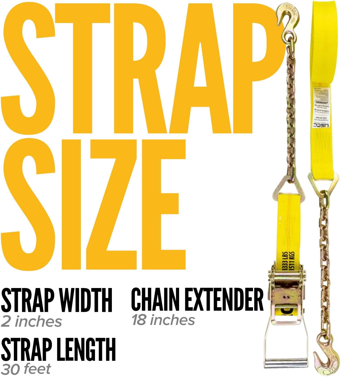 US Cargo Control Chain Ratchet Straps 2 Inch x 30 Foot (4-Pack), 10,000 LBS Break Strength, Heavy Duty Ratchet Straps with Chains Ends & Grab Hooks, Heavy Equipment Tie-Downs, Tractor Tie Downs - Image 3