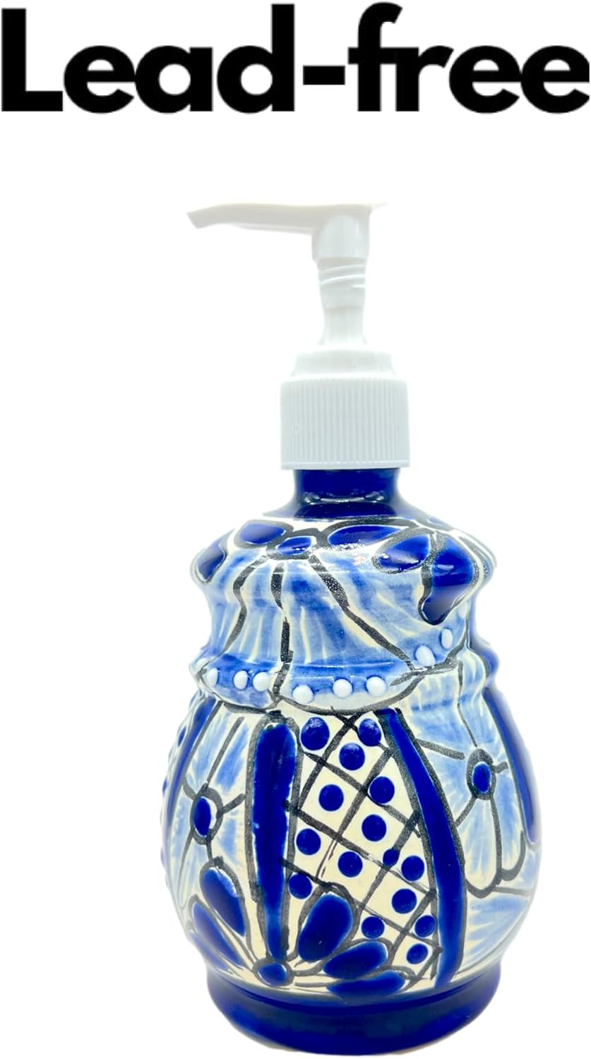 Blue and White Talavera Ceramic Soap Dispenser Lotion Bottle with Pump, for Kitchen or Bathroom Countertops - Hand Painted Mexican Pottery - Mexican Bell Shaped Jabonera Campana Azul
