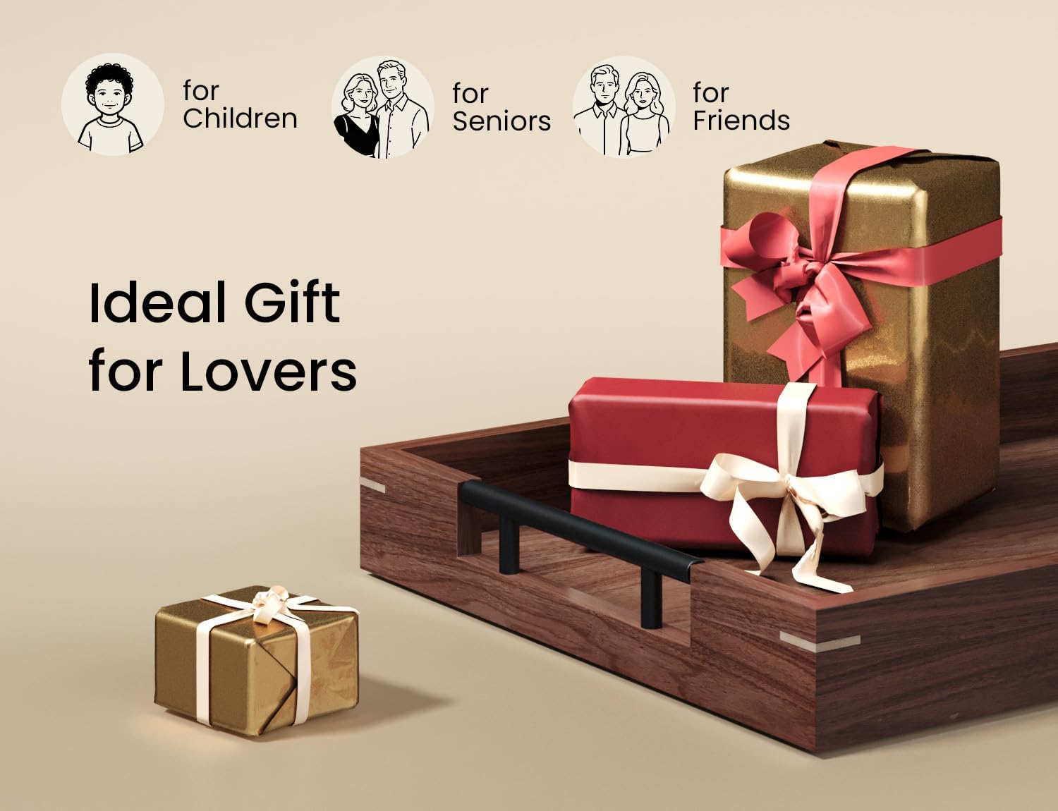 Fibogollo Walnut Wood Serving Tray with Metal Handles,15x10in Ottoman Decorative Trays Platter for Coffee Table,Living Room,Bar(Medium)