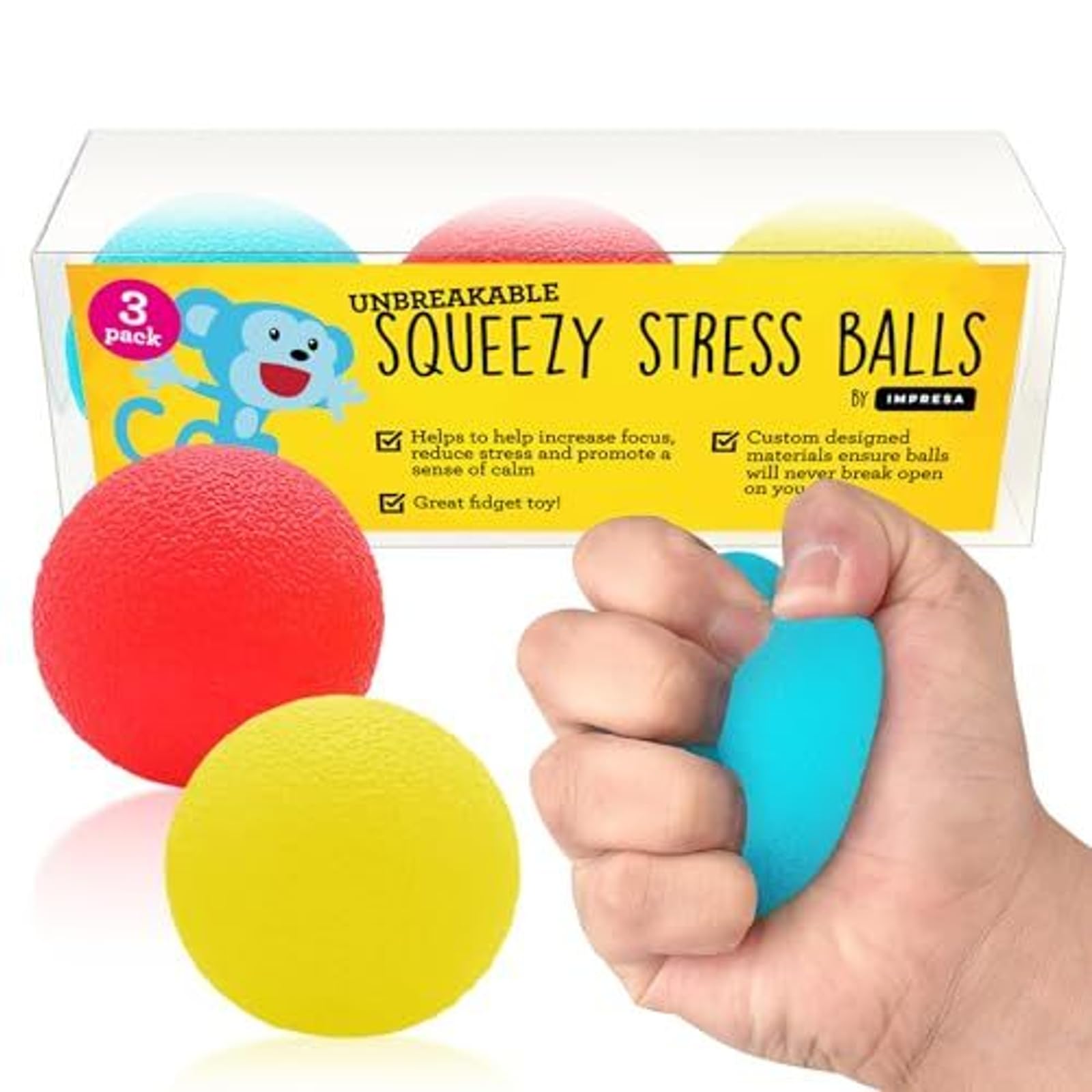 IMPRESA Squishy Stress Ball Set - Sensory Toys for Kids - Fidget Toys for Adults - Tear-Resistant Squeeze Balls for Stress Relief - Pack of 3, Multicolor — Amazon image 9