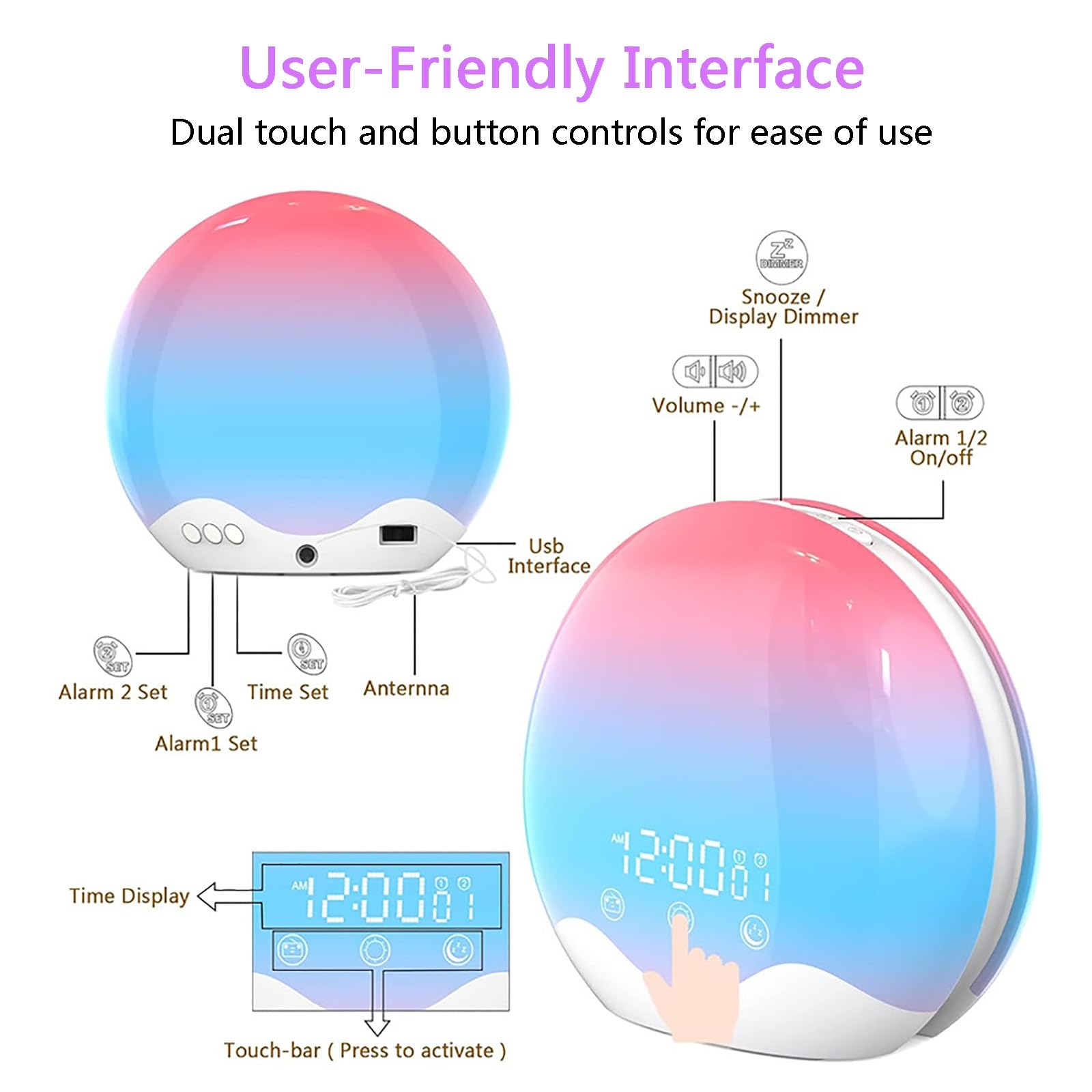 Luz De Despertador, Reloj Despertador De Amanecer, Temporizador De Sueño con Simulación De Amanecer / Atardecer, Ayuda para Dormir Snooze, Luz Nocturna De Guardería para Durmientes Pesados(Rosa)