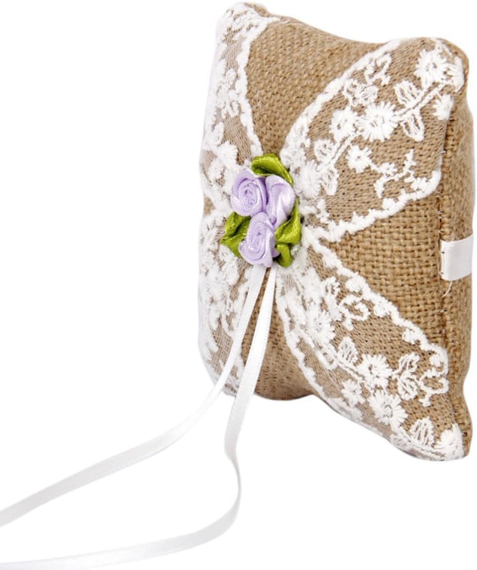Lurrose Burlap Lace Wedding Ring Bearer Pillow with Flower, Rustic 10cm
