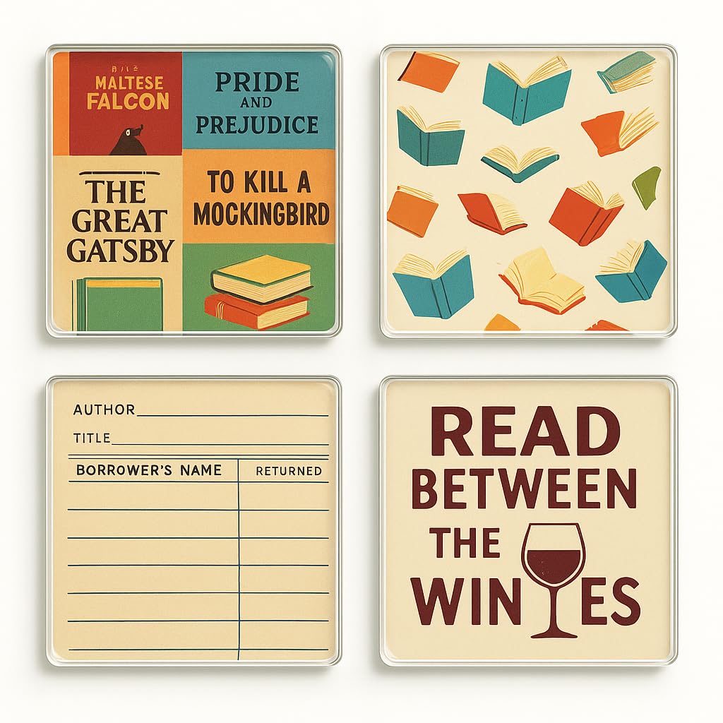 The Plum Penguin Literary Vibes Acrylic Coaster Set Of 4 With Retro Book Lover Designs - Home Decor For Bibliophiles